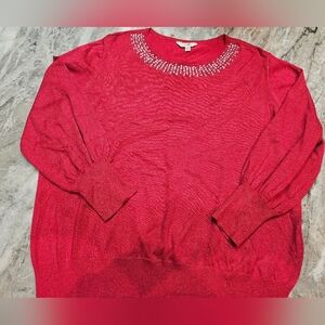 Terra & Sky 2X Red Metallic Knit Sweater Rhinestone Neckline Plus Size 20W–22W